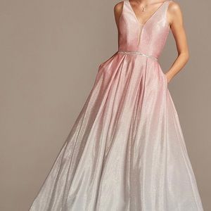 Glitter Ombre Deep-V Gown with Crystal Belt